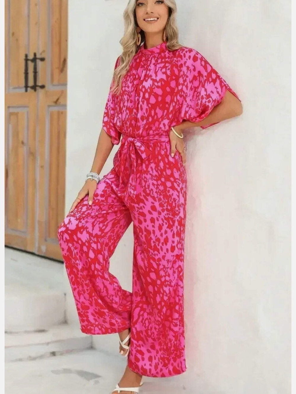 Pink Rose Leopard Print Tulip Sleeve Belted Wide Leg Jumpsuit Sz XL - Picture 4 of 9